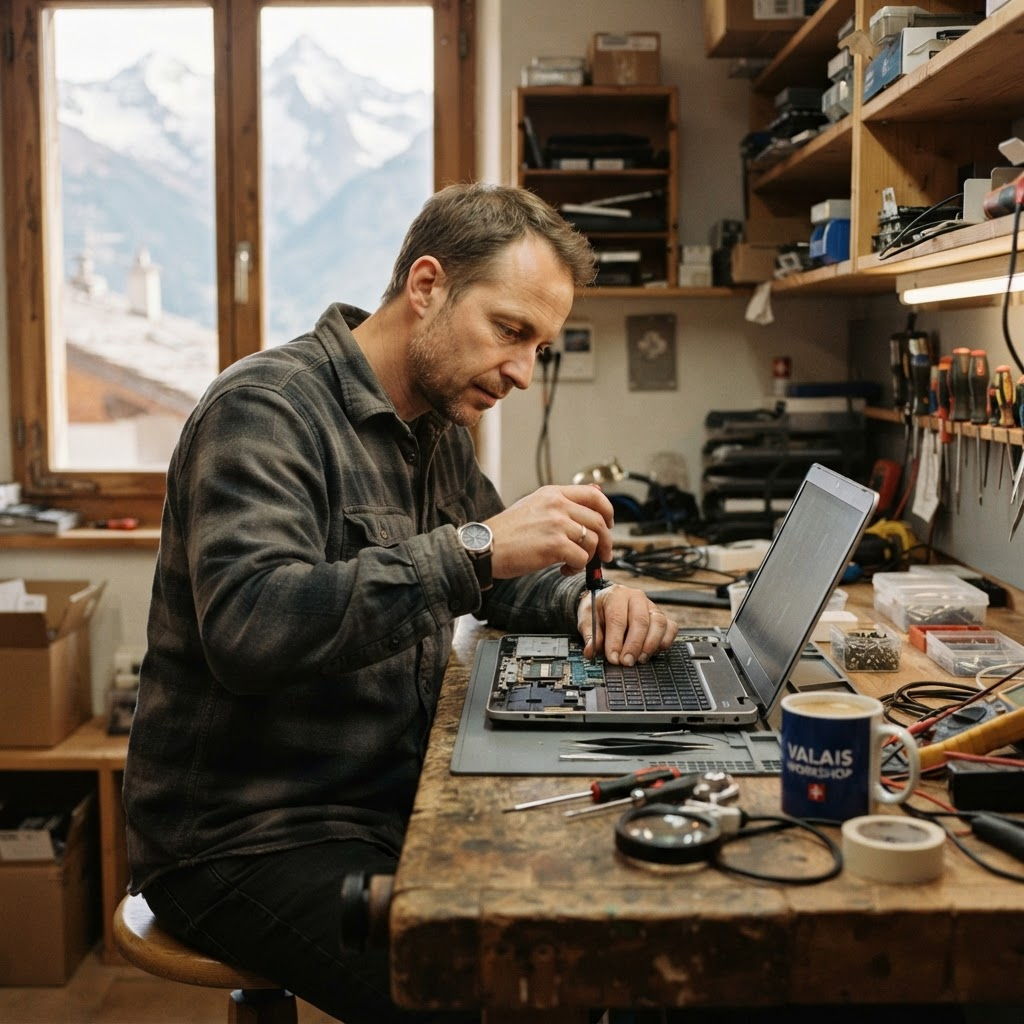 Technicien Valdev réparant un ordinateur portable dans son atelier en Valais